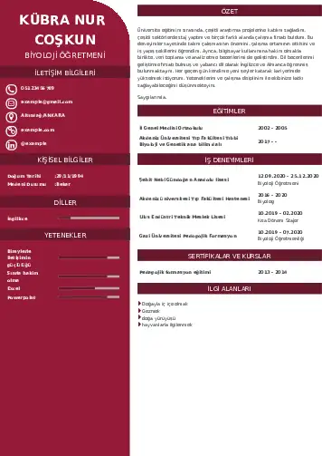 Biyoloji Öğretmeni CV Örnekleri cv indir